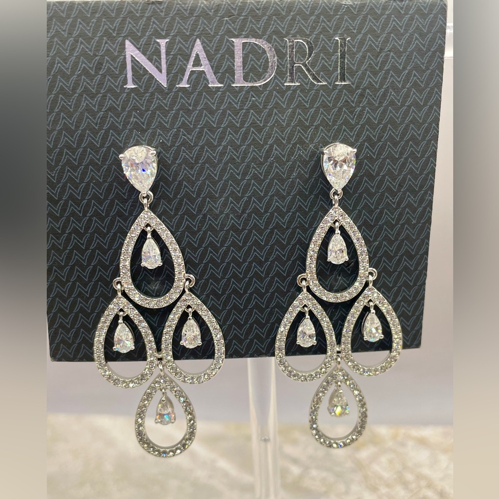 Nadri Silver Tone Teardrop Crystal Chandelier Earrings